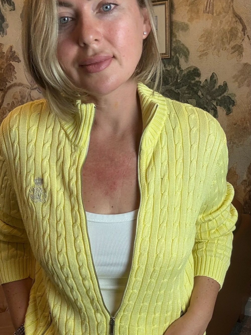 Lauren Ralph Lauren Yellow Cable Knit Full Zip Sweater Cardigan Crest Women M - Picture 6 of 11